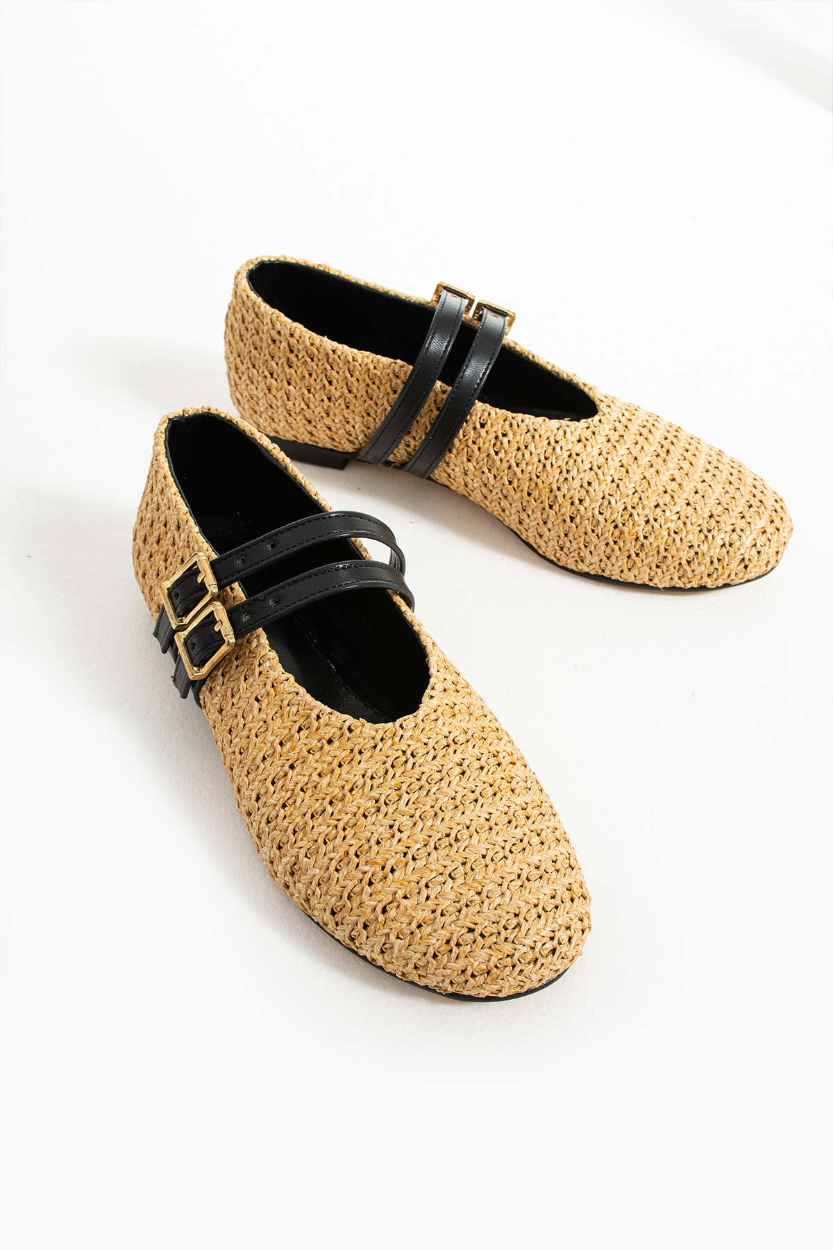 Hasır Toka Detay Çift Kemerli Düz Taban Kadın Babet FT6033