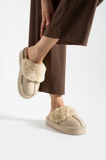 Krem Yıkanabilir İç Astar Peluşlu Yüksek Taban Eva Kışlık Kadın Terlik FT0101