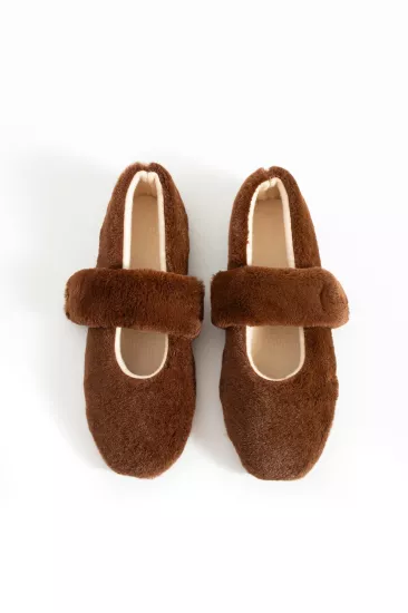 Acı Kahve Peluş Kışlık Düz Taban Kadın Babet FT3939