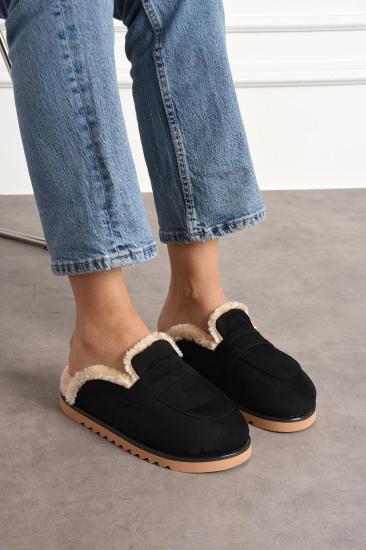 Siyah Süet İçi Kürklü Düz Taban Kışlık Kadın Terlik FT0855