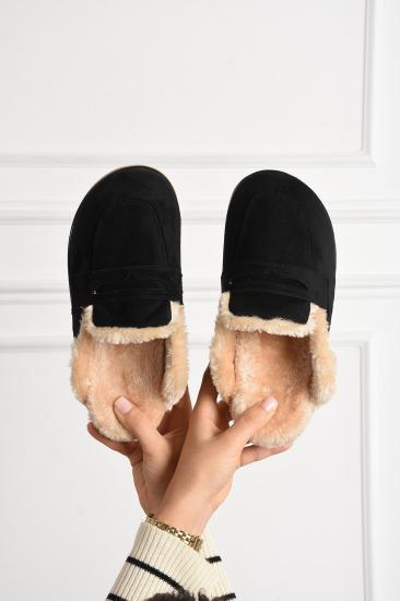 Siyah Süet İçi Kürklü Düz Taban Kışlık Kadın Terlik FT0855