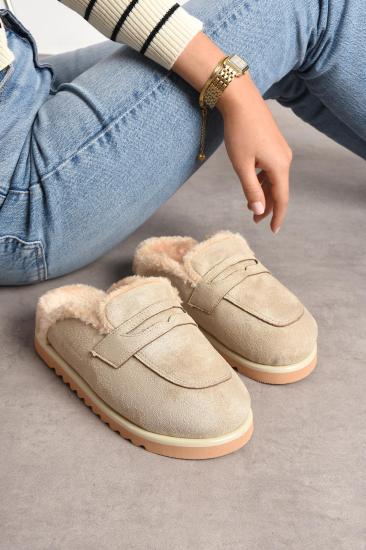 Krem Süet İçi Kürklü Düz Taban Kışlık Kadın Terlik FT0855