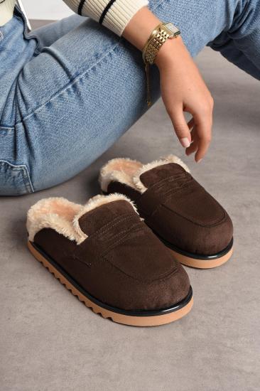 Kahve Süet İçi Kürklü Düz Taban Kışlık Kadın Terlik FT0855