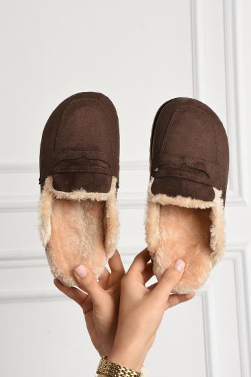Kahve Süet İçi Kürklü Düz Taban Kışlık Kadın Terlik FT0855