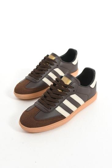 Kahve Şeritli Düz Taban Bağcıklı Kadın Spor Ayakkabı SMB555